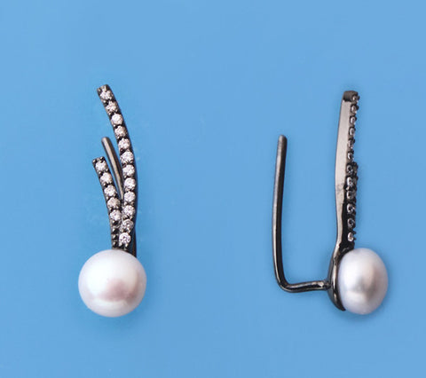 Rose Gold Plated Silver Earrings with 6-6.5mm Button Shape Freshwater Pearl and Cubic Zirconia