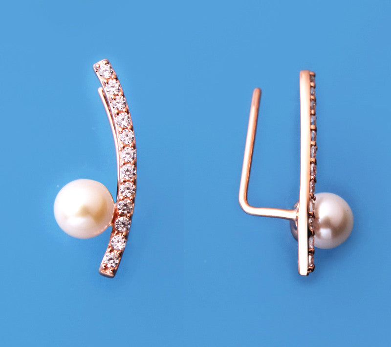 Rose Gold Plated Silver Earrings with 5.5-6mm Round Shape Freshwater Pearl and Cubic Zirconia - Wing Wo Hing Jewelry Group - Pearl Jewelry Manufacturer