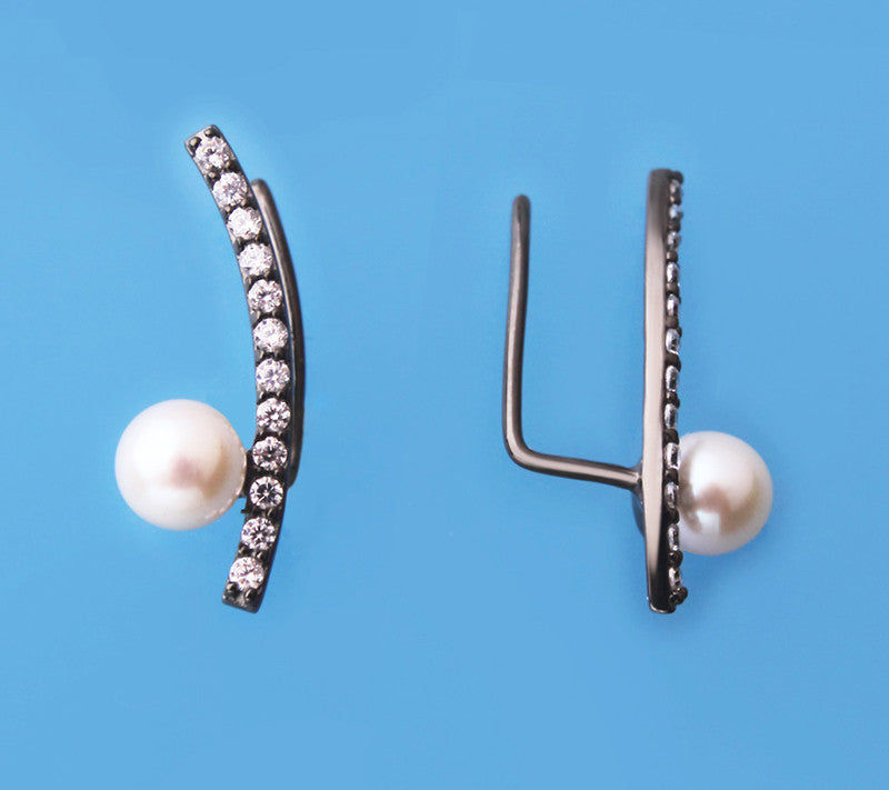 Black Plated Silver Earrings with 5.5-6mm Round Shape Freshwater Pearl and Cubic Zirconia - Wing Wo Hing Jewelry Group - Pearl Jewelry Manufacturer