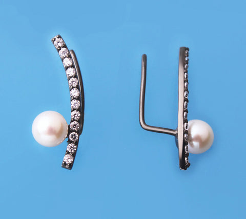 Black Plated Silver Earrings with 5.5-6mm Round Shape Freshwater Pearl and Cubic Zirconia
