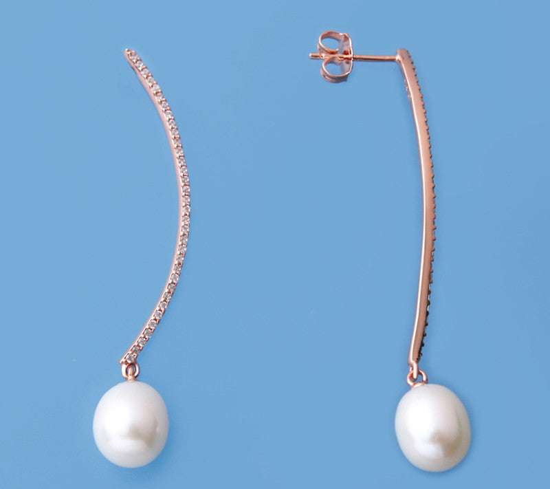 Rose Gold Plated Silver Earrings with 8-8.5mm Drop Shape Freshwater Pearl and Cubic Zirconia - Wing Wo Hing Jewelry Group - Pearl Jewelry Manufacturer - 1