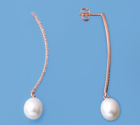 Rose Gold Plated Silver Earrings with 8-8.5mm Drop Shape Freshwater Pearl and Cubic Zirconia