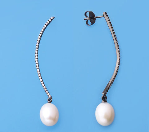 Rose Gold Plated Silver Earrings with 8-8.5mm Drop Shape Freshwater Pearl and Cubic Zirconia