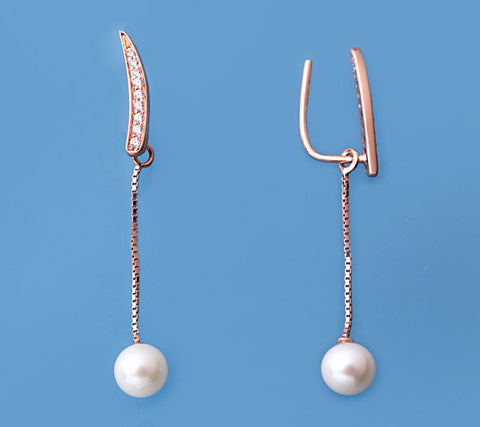 Rose Gold Plated Silver Earrings with 5.5-6mm Round Shape Freshwater Pearl and Cubic Zirconia