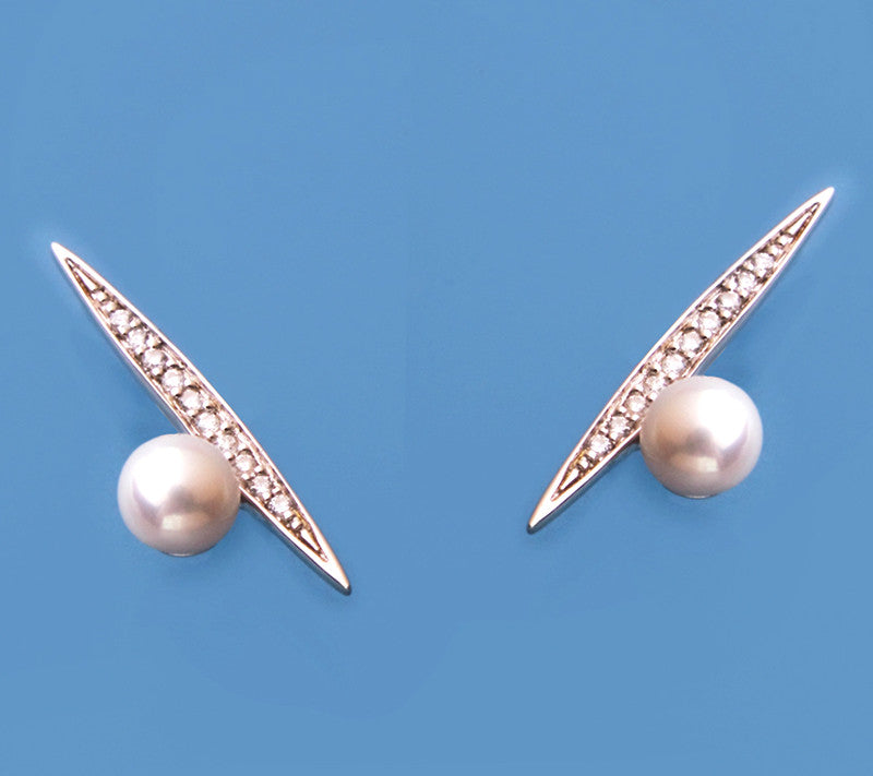 Sterling Silver Earrings with 5mm Round Shape Freshwater Pearl and Cubic Zirconia - Wing Wo Hing Jewelry Group - Pearl Jewelry Manufacturer