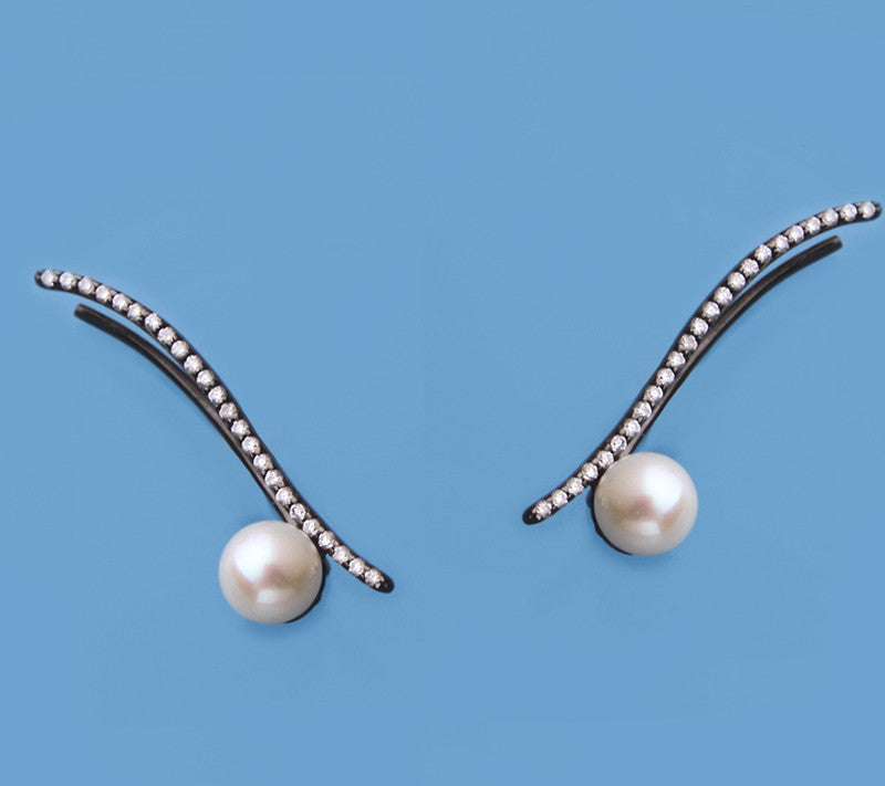 Black Plated Silver Earrings with 5.5-6mm Round Shape Freshwater Pearl and Cubic Zirconia - Wing Wo Hing Jewelry Group - Pearl Jewelry Manufacturer