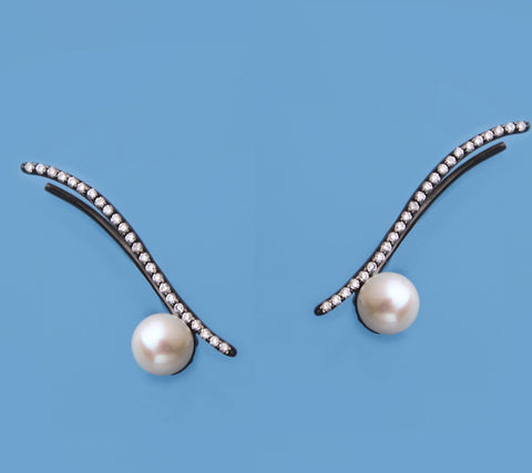 Black Plated Silver Earrings with 5.5-6mm Round Shape Freshwater Pearl and Cubic Zirconia