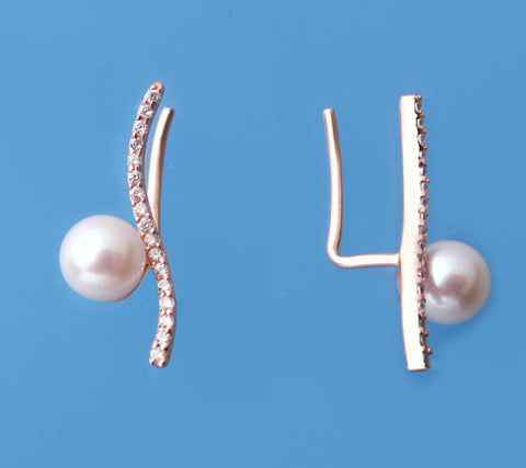 Rose Gold Plated Earrings with 5.5-6mm Round Shape Freshwater Pearl and Cubic Zirconia