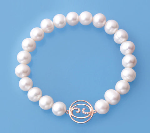 Rose Gold Plated Silver Bracelet with 8-9mm Ringed Shape Freshwater Pearl and Cubic Zirconia