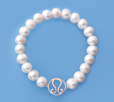 Rose Gold Plated Silver Bracelet with 8-9mm Ringed Shape Freshwater Pearl and Cubic Zirconia