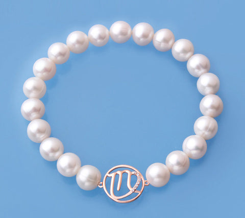 Rose Gold Plated Silver Bracelet with 8-9mm Ringed Shape Freshwater Pearl and Cubic Zirconia