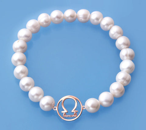 Rose Gold Plated Silver Bracelet with 8-9mm Ringed Shape Freshwater Pearl and Cubic Zirconia