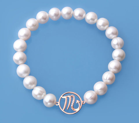 Rose Gold Plated Silver Bracelet with 8-9mm Ringed Shape Freshwater Pearl and Cubic Zirconia
