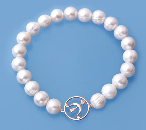 Rose Gold Plated Silver Bracelet with 8-9mm Ringed Shape Freshwater Pearl and Cubic Zirconia