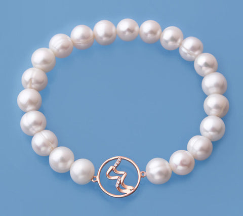 Rose Gold Plated Silver Bracelet with 8-9mm Ringed Shape Freshwater Pearl and Cubic Zirconia
