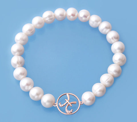 Rose Gold Plated Silver Bracelet with 8-9mm Ringed Shape Freshwater Pearl and Cubic Zirconia