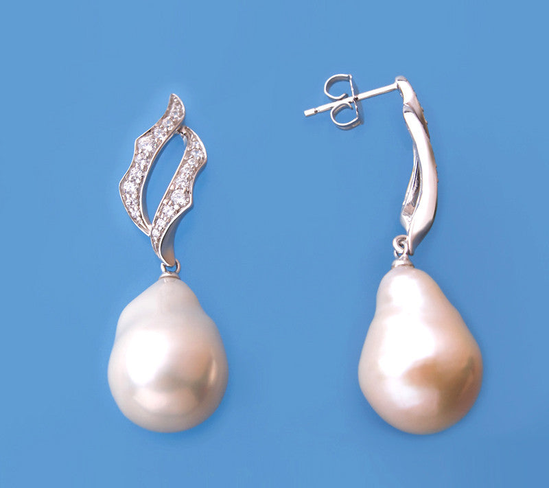 Sterling Silver Earrings with 14-15mm Baroque Shape Freshwater Pearl and Cubic Zirconia - Wing Wo Hing Jewelry Group - Pearl Jewelry Manufacturer