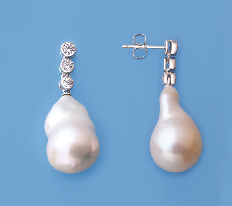 Sterling Silver Earrings with 14-15mm Baroque Shape Freshwater Pearl and Cubic Zirconia - Wing Wo Hing Jewelry Group - Pearl Jewelry Manufacturer