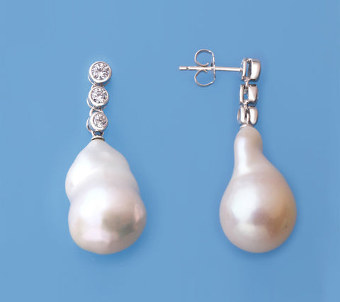 Sterling Silver Earrings with 14-15mm Baroque Shape Freshwater Pearl and Cubic Zirconia