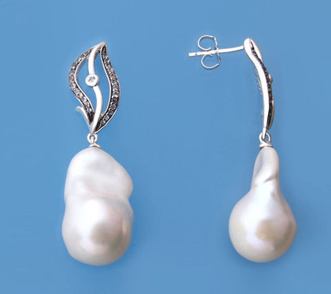 Sterling Silver Earrings with 14-15mm Baroque Shape Freshwater Pearl and Balck Spinel