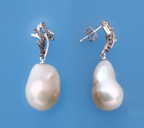 Sterling Silver Earrings with 14-15mm Baroque Shape Freshwater Pearl and Black Spinel