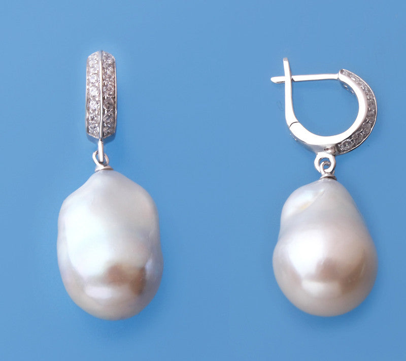 Sterling Silver Earrings with 14-15mm Baroque Shape Freshwater Pearl and Cubic Zirconia - Wing Wo Hing Jewelry Group - Pearl Jewelry Manufacturer