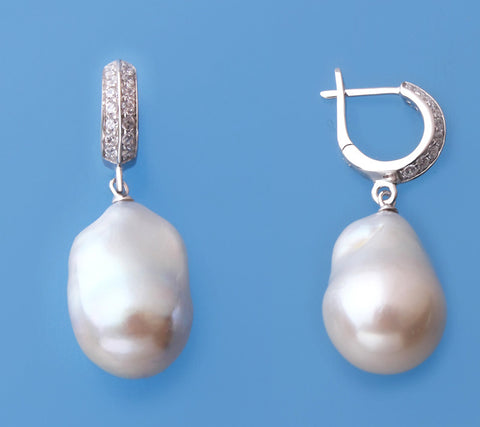 Sterling Silver Earrings with 14-15mm Baroque Shape Freshwater Pearl and Cubic Zirconia