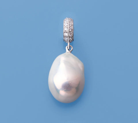Sterling Silver Pendant with 14-15mm Baroque Shape Freshwater Pearl and Cubic Zirconia