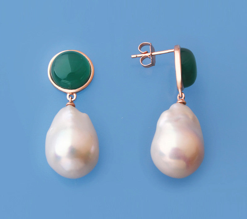 Sterling Silver Earrings with 14-15mm Baroque Shape Freshwater Pearl and Green Agate - Wing Wo Hing Jewelry Group - Pearl Jewelry Manufacturer
