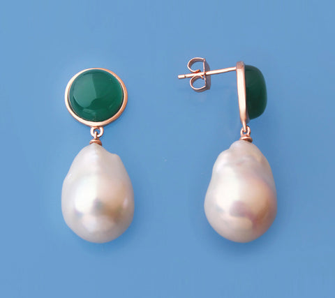 Sterling Silver Earrings with 14-15mm Baroque Shape Freshwater Pearl and Green Agate
