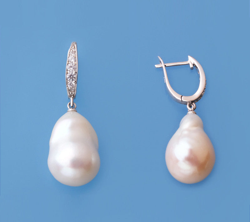 Sterling Silver with 14-15mm Baroque Shape Freshwater Pearl and Cubic Zirconia Earrings - Wing Wo Hing Jewelry Group - Pearl Jewelry Manufacturer