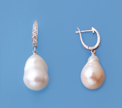 Sterling Silver with 14-15mm Baroque Shape Freshwater Pearl and Cubic Zirconia Earrings