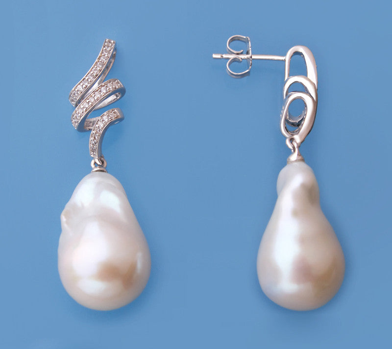 Sterling Silver Earrings with 14-15mm Baroque Shape Freshwater Pearl and Cubic Zirconia - Wing Wo Hing Jewelry Group - Pearl Jewelry Manufacturer