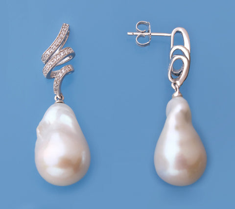 Sterling Silver Earrings with 14-15mm Baroque Shape Freshwater Pearl and Cubic Zirconia
