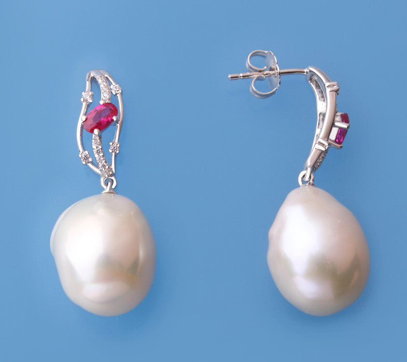 Sterling Silver Earrings with 14-15mm Baroque Shape Freshwater Pearl and Cubic Zirconia - Wing Wo Hing Jewelry Group - Pearl Jewelry Manufacturer