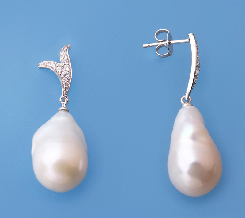Sterling Silver Earrings with 14-15mm Baroque Shape Freshwater Pearl and Cubic Zirconia - Wing Wo Hing Jewelry Group - Pearl Jewelry Manufacturer