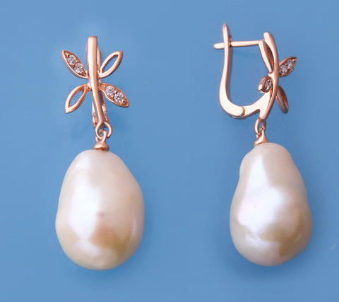 Rose Gold Plated Silver Earrings with 14-15mm Baroque Shape Freshwater Pearl and Cubic Zirconia