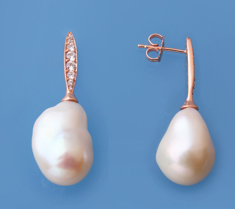Rose Gold Plated Silver Earrings with 14-15mm Baroque Shape Freshwater Pearl and Cubic Zirconia - Wing Wo Hing Jewelry Group - Pearl Jewelry Manufacturer