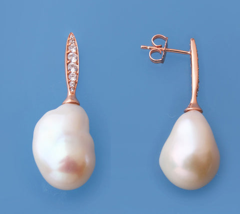 Rose Gold Plated Silver Earrings with 14-15mm Baroque Shape Freshwater Pearl and Cubic Zirconia