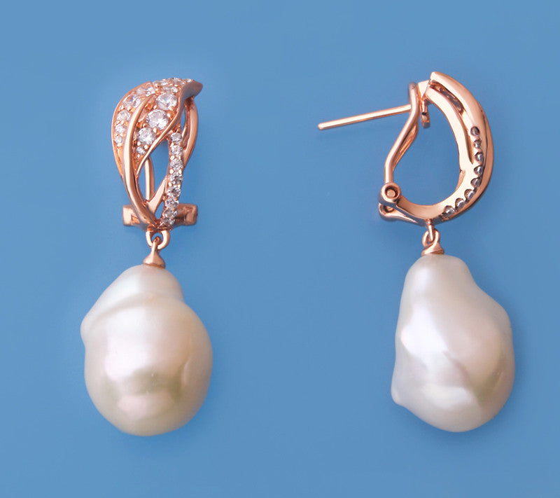 Rose Gold Plated Silver Earrings with 14-15mm Baroque Shape Freshwater Pearl and Cubic Zirconia - Wing Wo Hing Jewelry Group - Pearl Jewelry Manufacturer