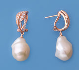 Rose Gold Plated Silver Earrings with 14-15mm Baroque Shape Freshwater Pearl and Cubic Zirconia - Wing Wo Hing Jewelry Group - Pearl Jewelry Manufacturer