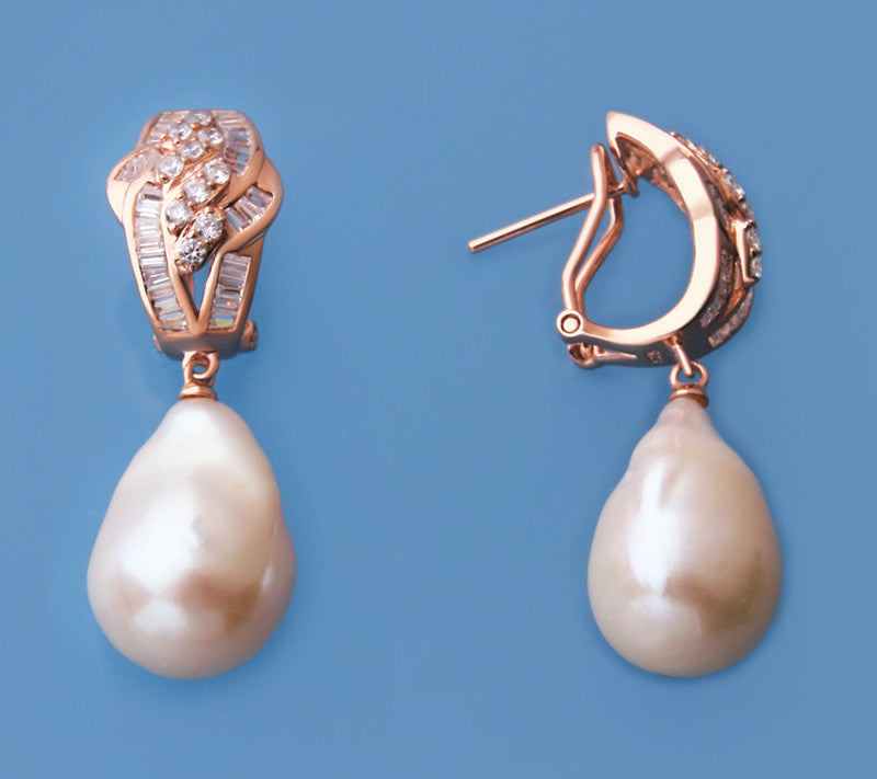 Rose Gold Plated Silver Earrings with 14-15mm Baroque Shape Freshwater Pearl and Cubic Zirconia - Wing Wo Hing Jewelry Group - Pearl Jewelry Manufacturer