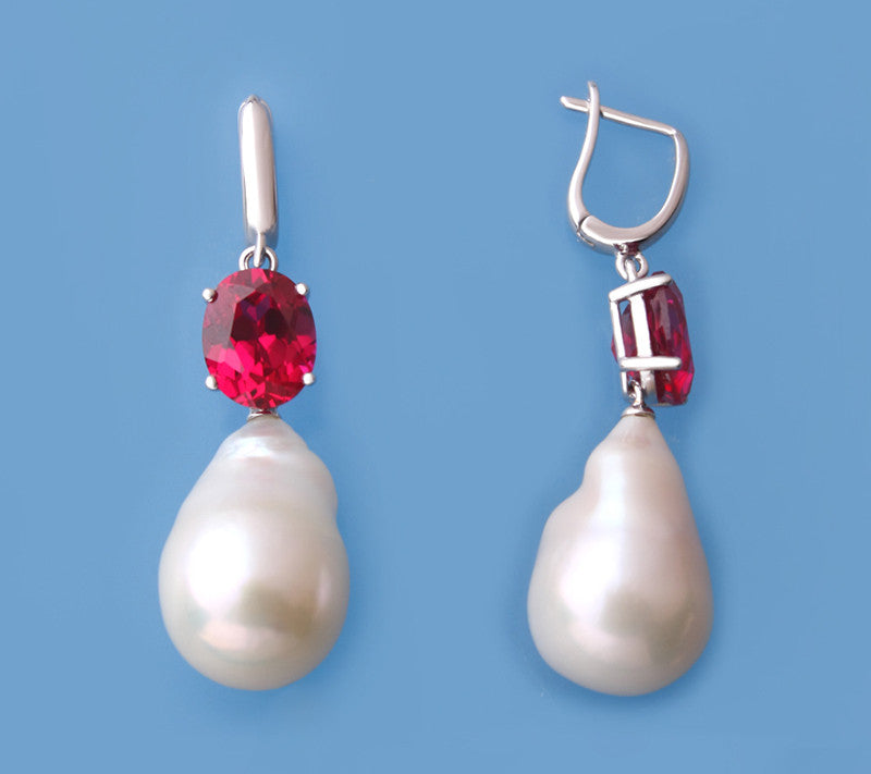 Sterling Silver Earrings with 14-15mm Baroque Shape Freshwater Pearl and Red Corundum - Wing Wo Hing Jewelry Group - Pearl Jewelry Manufacturer