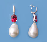 Sterling Silver Earrings with 14-15mm Baroque Shape Freshwater Pearl and Red Corundum - Wing Wo Hing Jewelry Group - Pearl Jewelry Manufacturer