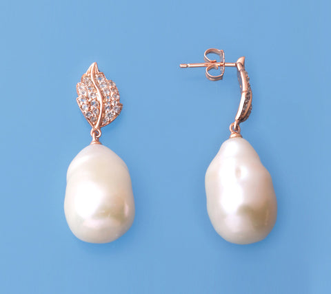 Rose Gold Plated Silver Earrings with 14-15mm Baroque Shape Freshwater Pearl and Cubic Zirconia