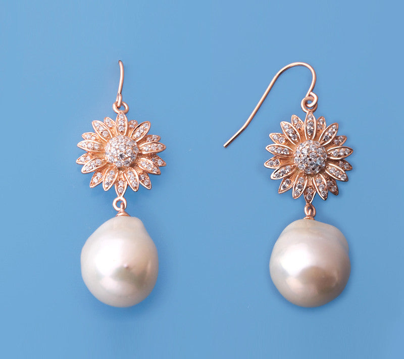 Rose Gold Plated Silver Earrings with 14-15mm Baroque Shape Freshwater Pearl and Cubic Zirconia - Wing Wo Hing Jewelry Group - Pearl Jewelry Manufacturer
