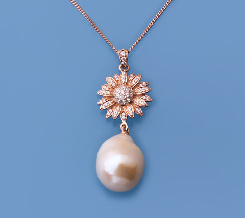 Rose Gold Plated Silver Pendant with 14-15mm Baroque Shape Freshwater Pearl and Cubic Zirconia