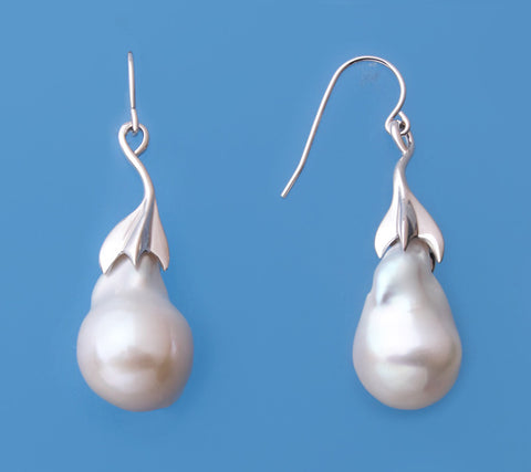 Sterling Silver Earrings with 14-15mm Baroque Shape Freshwater Pearl