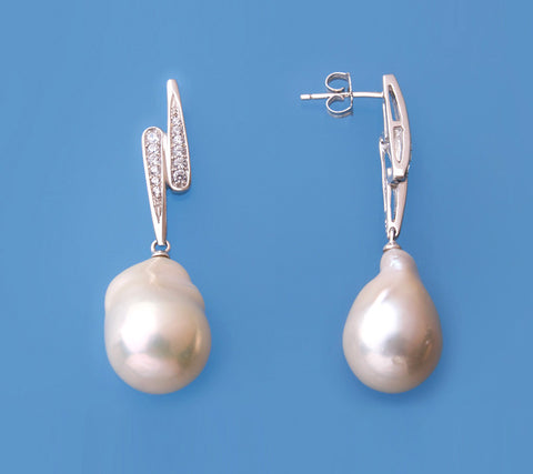Sterling Silver Earrings with 14-15mm Baroque Shape Freshwater Pearl and Cubic Zirconia