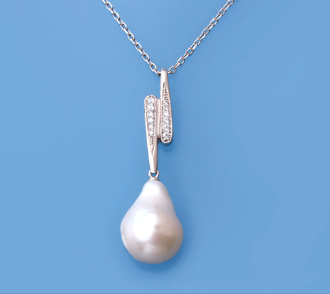 Sterling Silver Pendant with 14-15mm Baroque Shape Freshwater Pearl and Cubic Zirconia